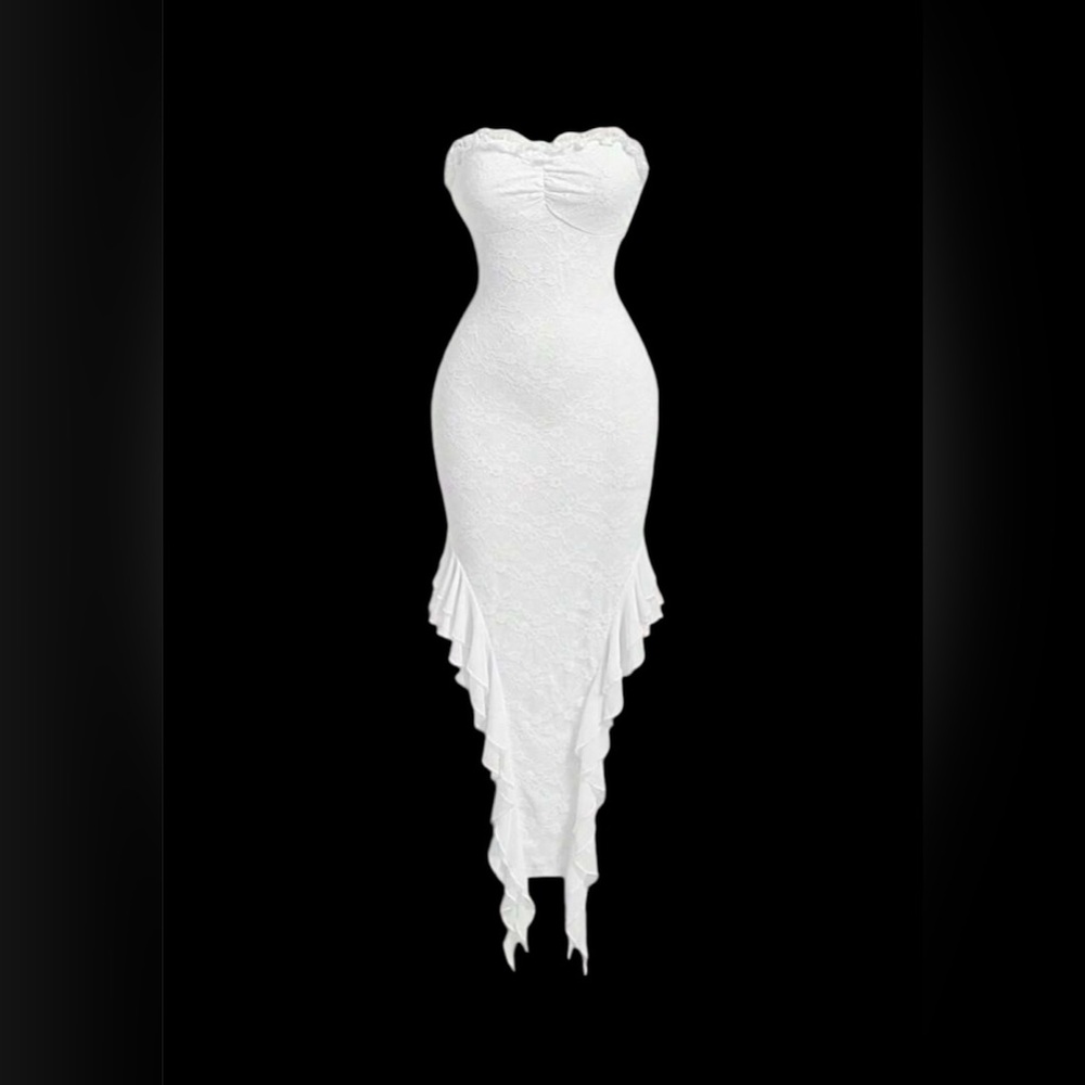 White Ruffle Lace Trim Fitted White Dress, Romantic
